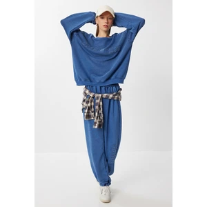 Kabartma Sloganlı Örme Eşofman Takımı LRG0042 Indigo Mavi