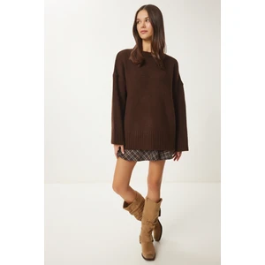 Yumuşak Dokulu Oversize Triko Kazak LPF0063 Kahverengi