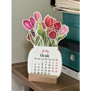 2026 TAKVİM Ahşap Ayaklı Çiçekli Mini Özel Tasarım, Masaüstü Takvim, Lale Çiçek Buketi - Yeni Yıl 2026