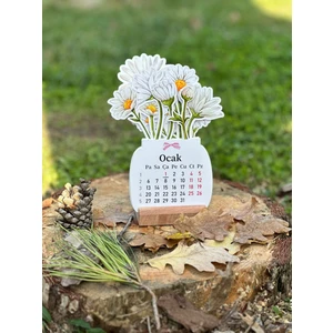 2026 TAKVİM Ahşap Ayaklı Çiçekli Mini Özel Tasarım, Masaüstü Takvim, Papatyalı Çiçek Buketi - Yeni Yıl 2026