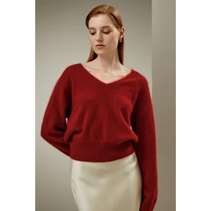 Kırmızı V Yaka Yumuşak Dokulu Kadın Kazak MG2499