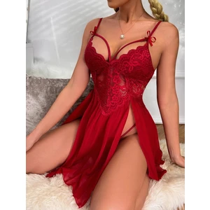 Efil Efil Kadın Bordo Fantezi Gecelik Fiyonklu G-Stringli Bacak Dekolteli Yırtmaçlı Dantelli Tül Transparan Şık Zarif Seksi Jartiyer Gecelik Takımı
