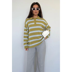 Yeşil Polo Yaka Çizgili Kadın Triko Kazak MG2469