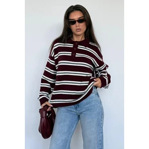 Bordo Polo Yaka Çizgili Kadın Triko Kazak MG2469