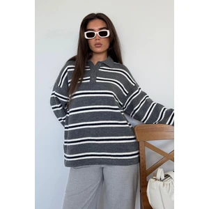 Antrasit Polo Yaka Çizgili Kadın Triko Kazak MG2469
