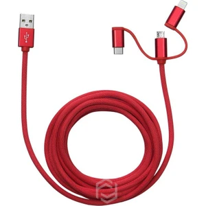FA-7558UC 3mt Örgülü USB Data - Şarj Kablo 3in1 (iOS-Android-Type-C) Kırmızı