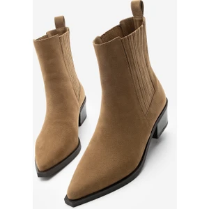 Kadın Sivri Burun Kalın Topuklu Chelsea Çift Lastikli Western Bot Losya Taba Süet