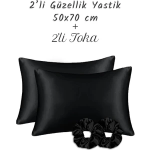 MonoHome İpek Saten Yastık Kılıfı 2 Adet 50x70cm 2 Adet Saten Tokalı Siyah