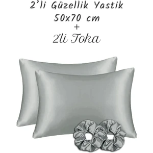 MonoHome İpek Saten Yastık Kılıfı 2 Adet 50x70cm 2 Adet Saten Tokalı Silver