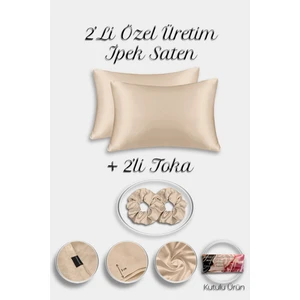 MonoHome İpek Saten Yastık Kılıfı 2 Adet 50x70cm 2 Adet Saten Tokalı Bej