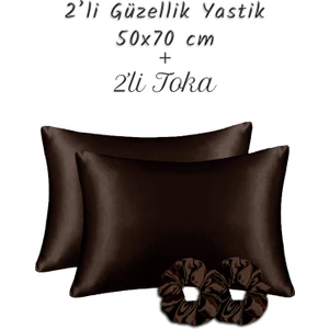 MonoHome İpek Saten Yastık Kılıfı 2 Adet 50x70cm 2 Adet Saten Tokalı Kahverengi