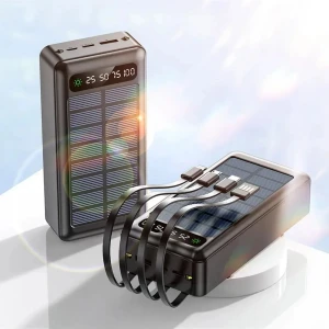 Solar 30.000 Mah Güneş Enerjili LED Işıklı Powerbank Şarj Aleti 2x USB Çıkışlı Çoklu Kablolu