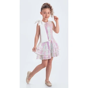 Yaka Fiyonk Işıltılı Pul Payet Kumaş Kız Çocuk Abiye Elbise M00702