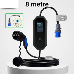 Taşınabilir Şarj Cihazı 7 Kw / 32A / Türkçe Menü / Tip-2 / 3X32A Fiş / 8m / 220V Ac / Ev Tipi Dönüştürücü Kablo ve Taşıma Çantası