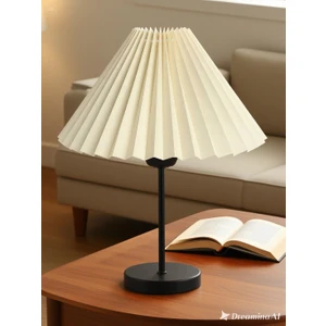 Liora Metal Ayaklı Pileli Krem Kumaş Komidin Başı Abajur