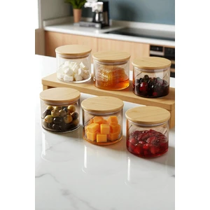 6'lı Borosilikat Cam Kahvaltılık Seti - Vakumlu Silikonlu Bambu Kapak