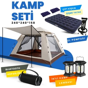 4-6 Kişi Kamp Çadırı Seti Taşınabilir Otomatik 240*240*158+LAMBA+YATAK+YASTIK+POMPA+HOPARLÖR