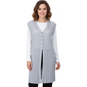 Kadın Pamuklu Rölaks Örme Anne Yelek V Yaka Ressam Motifli Delikli Üç Düğmeli Likralı