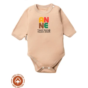 Unisex Bebek %100 Pamuklu Anne Baskılı 3-6-9-12 Ay Bebek Body Ekru Badi Zıbın