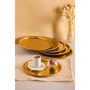 Goldın Mat Gold Metal 6’lı 23X23 Kahve Yuvarlak Servis Sunum Tepsisi