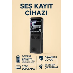 Profesyonel Ses Kayıt Cihazı 32GB Uzun Kayıt Süresi LED Ekranlı Okul Ders Not,toplantı Röportaj