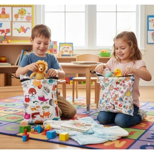 2 Adet, 37 x 30 Cm, Family ve Zoo Desen, Sıvı Geçirmeyen Çok Amaçlı Çanta, Ekonomik Set, Yıkanabilir