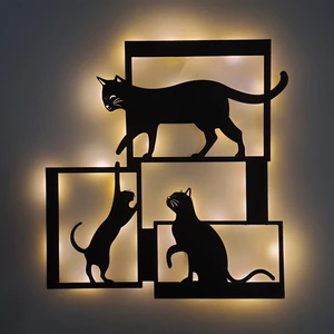 LED Işıklı Çerçeveli Kediler Dekoratif Tablo Balkon Duvar Dekorlu Gece Lambası