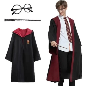 Harry Potter Gryffindor Kapişonlu Çocuk Kostüm + Asa + Gözlük Seti 9-10 Yaş