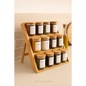12’li Vakumlu Baharatlık Seti 200 ml – Çekmece Içi & Tezgâh Üstü – Bambu 3 Katlı Merdiven Standlı