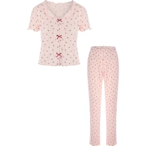 Kadın Kısa Kollu Fiyonklu Indigo Fitilli Pijama Takımı