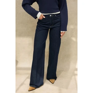 Kadın Geniş Paça Raw Kot Pantolon Koyu Mavi Denim