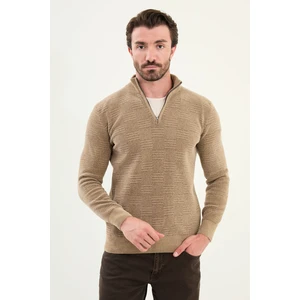 Desenli Slim Fit Fermuarlı Yarım Balıkçı Yaka Şönil Kumaş Erkek Triko Kazak