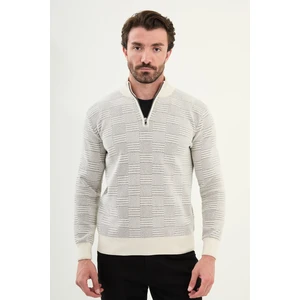 Desenli Slim Fit Fermuarlı Yarım Balıkçı Yaka Şönil Kumaş Erkek Triko Kazak