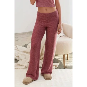 Kadın Elastik Bel Yumuşak Dokulu Örme Pantolon Bordo Kırmızı