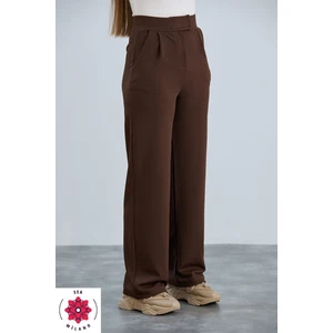 Kadın Kahve Cırt Cırtlı Kapama Rahat Palazzo Likralı Esnek Beli Lastikli  Pantolon Yüksek Bel