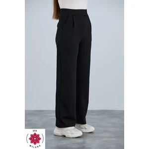 Kadın Siyah Cırt Cırtlı Kapama Rahat Palazzo Likralı Esnek Beli Lastikli  Pantolon Yüksek Bel