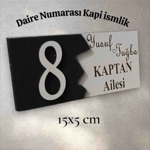 Özelleştirilebilir Kapı No ve Isim Kompozit - Ahşap Apartman -Daire Otel Ofis Kapı Numarası Siyah Beyaz