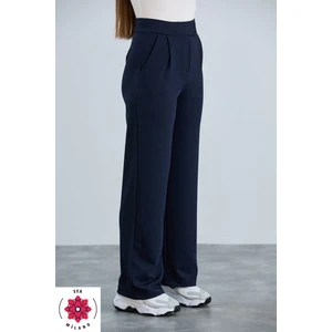 Kadın Lacivert Cırt Cırtlı Kapama Rahat Palazzo Likralı Esnek Beli Lastikli  Pantolon Yüksek Bel