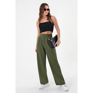 Kadın Haki Çift Düğmeli Palazzo Pantolon