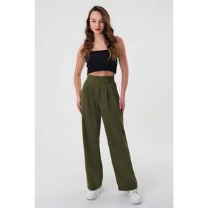 Kadın Haki Yüksek Bel Cırtlı Palazzo Pantolon
