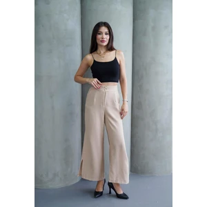 Kadın Taş Keten Yırtmaçlı Yüksek Bel Palazzo Pantolon