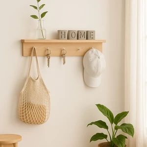 Doğal Ahşap Duvar Raf ve Askılığı 70 cm HMY-6379