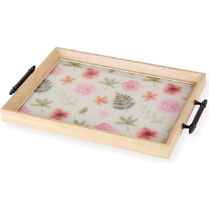 Floral Dikdörtgen Çay Kahve Cam Sunum Tepsisi 31x45cm