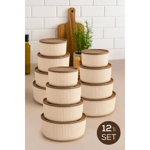 12'li Çizgili Yuvarlak Saklama Kabı Seti Bej