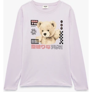 Uzun Kollu Bisiklet Yaka Ayıcık Baskılı Pamuklu Tişört