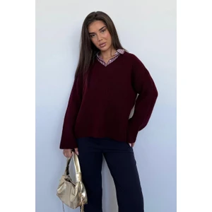 Bordo V Yaka Triko Kadın Kazak MG2501