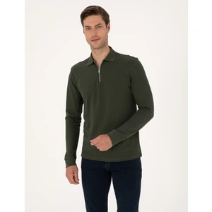 Pierre Cardin Erkek Koyu Yeşil Slim Fit Kıvrılmaz Fermuarlı Polo Yaka Basic Pike Sweatshirt 50314046-VR079