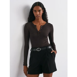 31442 Uzun Kollu Çıtçıt Düğmeli Top-Koyu Kahve