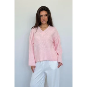 Pembe V Yaka Triko Kadın Kazak MG2501