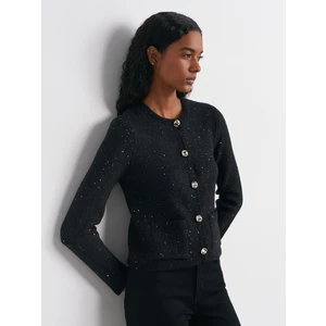 60935 Bisiklet Yaka Pullu Simli Düğmeli Triko Hırka-Siyah